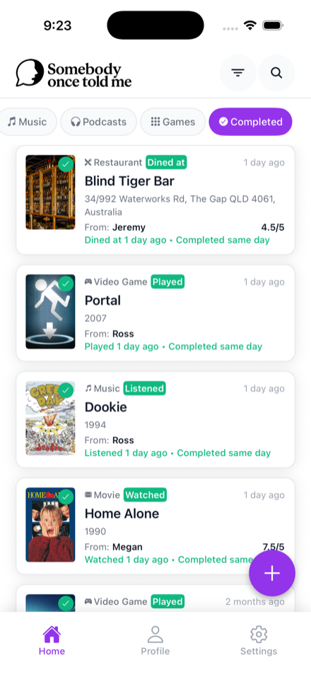 Completed recommendations